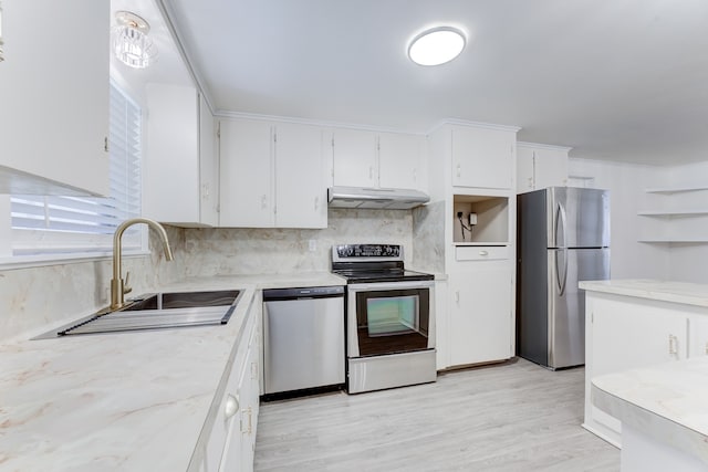 kitchen with white cabinetry, stainless steel appliances, light hardwood / wood-style flooring, and sink