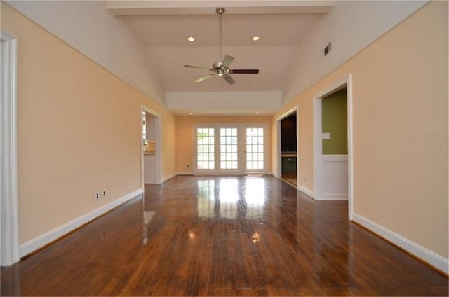 interior space featuring ceiling fan, high vaulted ceiling, and dark hardwood / wood-style floors