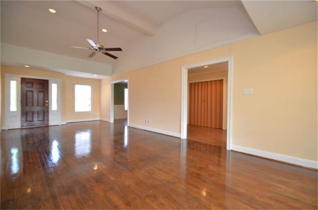 unfurnished living room featuring lofted ceiling with beams, ceiling fan, and dark hardwood / wood-style flooring