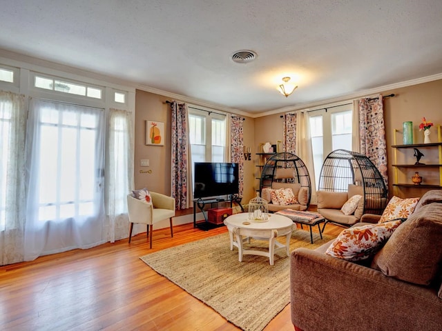 living room featuring ornamental molding, a textured ceiling, and light wood-type flooring