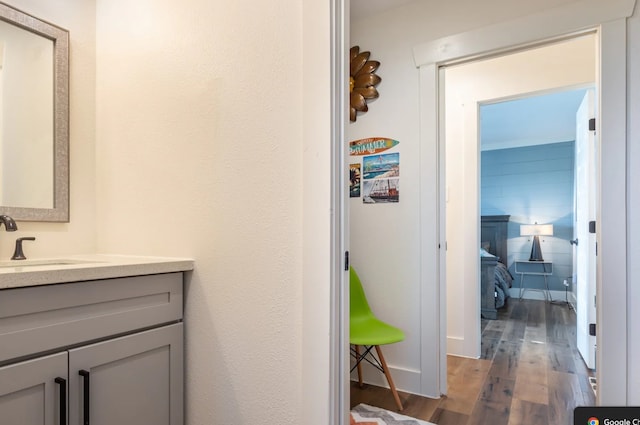 bathroom with vanity and wood-type flooring