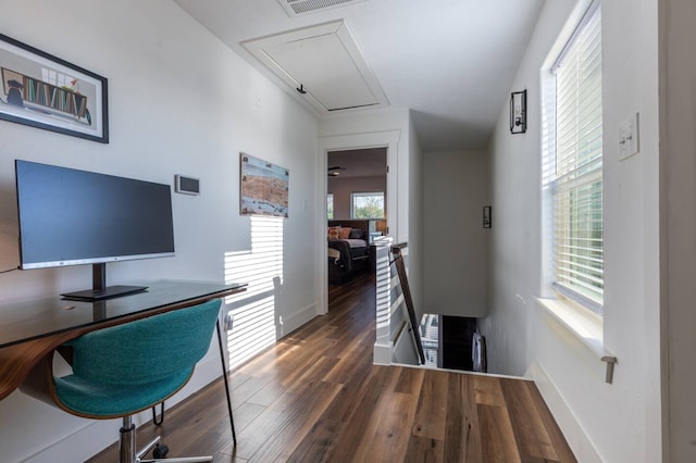 office space featuring dark wood-type flooring