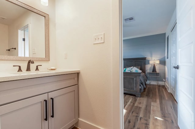 bathroom with vanity and wood-type flooring