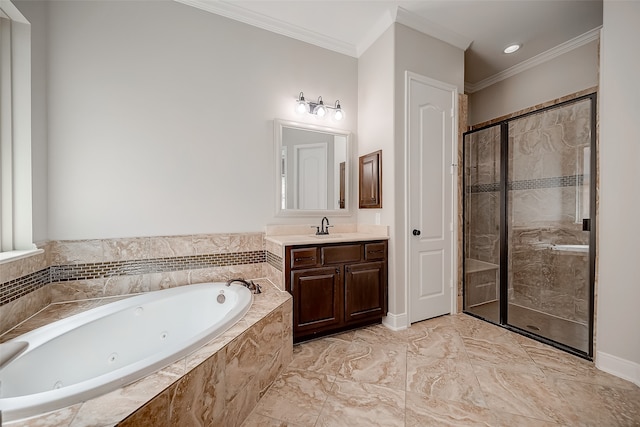 bathroom featuring vanity, ornamental molding, and independent shower and bath