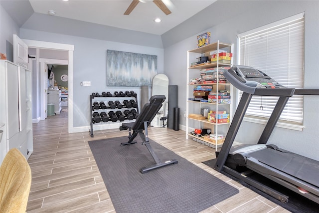 workout area featuring baseboards, recessed lighting, wood finish floors, and ceiling fan
