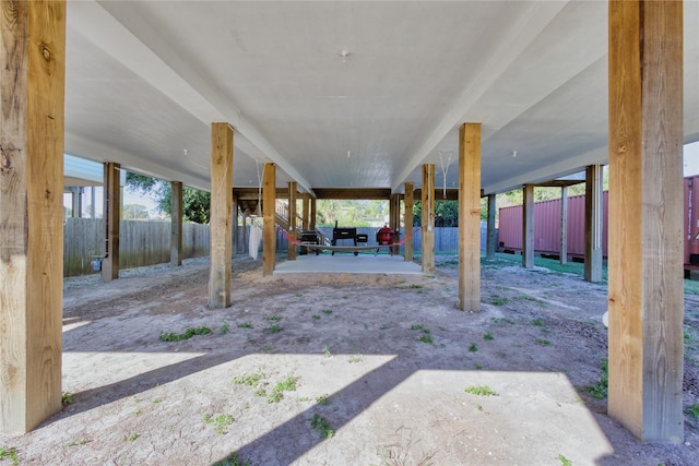 view of yard featuring fence and a patio area