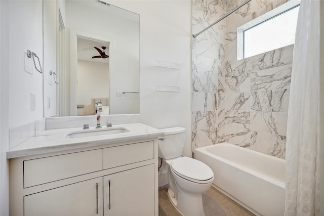 full bathroom with vanity, shower / bathtub combination with curtain, and toilet