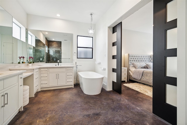 bathroom featuring vanity, independent shower and bath, and concrete flooring