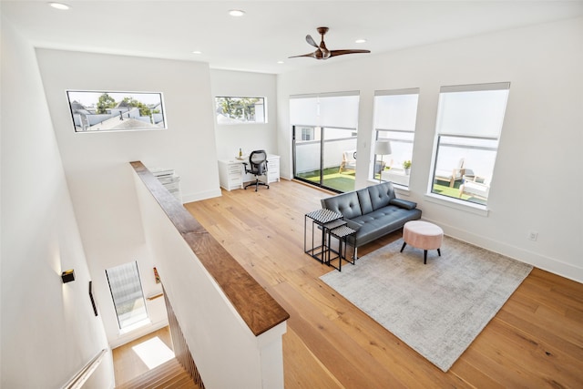 living room with ceiling fan and light hardwood / wood-style flooring