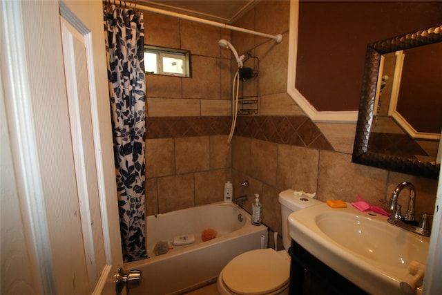 full bathroom featuring vanity, toilet, tasteful backsplash, and shower / bathtub combination with curtain