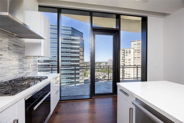 kitchen featuring backsplash, white cabinets, wall chimney exhaust hood, and stainless steel appliances