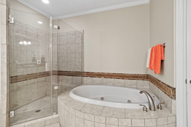 bathroom with tile patterned floors, crown molding, and shower with separate bathtub