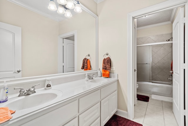 full bathroom with tile patterned floors, toilet, crown molding, vanity, and shower / bath combination with glass door