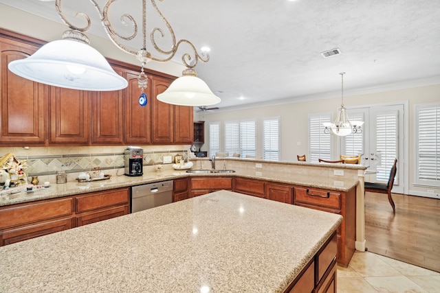 kitchen featuring stainless steel dishwasher, sink, crown molding, and light hardwood / wood-style floors