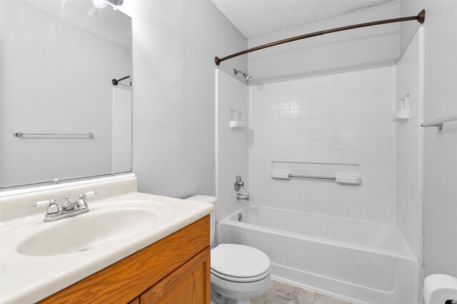 full bathroom featuring shower / bathing tub combination, a textured ceiling, toilet, tile patterned floors, and vanity