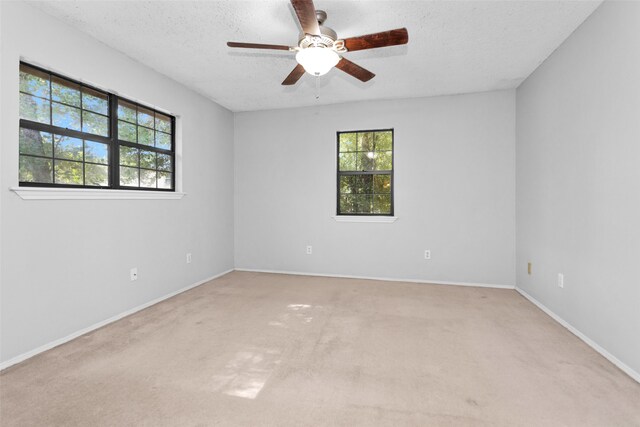 unfurnished room featuring light colored carpet, a textured ceiling, a healthy amount of sunlight, and ceiling fan