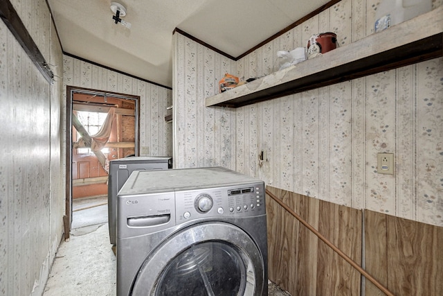 laundry room featuring ornamental molding, washer / clothes dryer, and light colored carpet