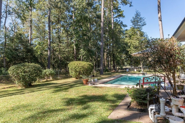 view of swimming pool featuring a lawn