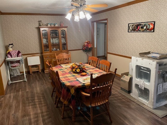 dining space featuring dark wood-type flooring, ceiling fan, and crown molding