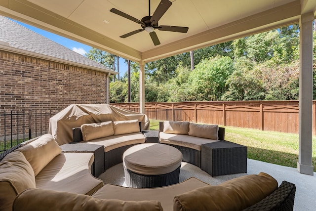 view of patio with an outdoor hangout area and ceiling fan