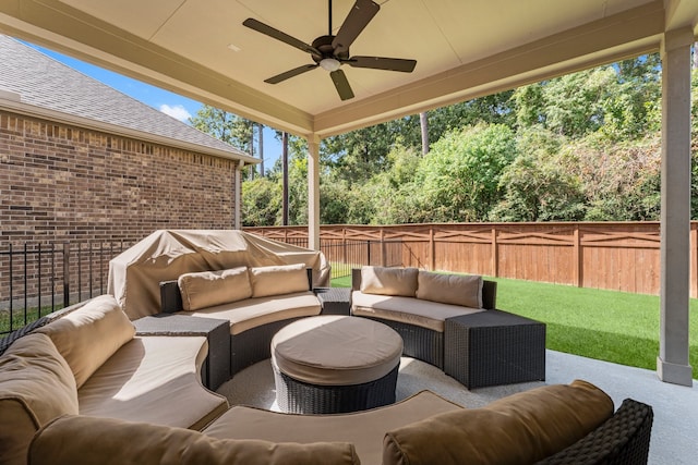 view of patio with outdoor lounge area and ceiling fan