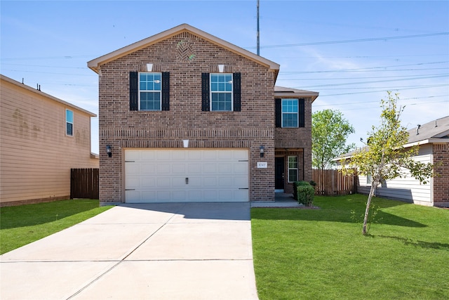 view of front of home with a garage and a front lawn