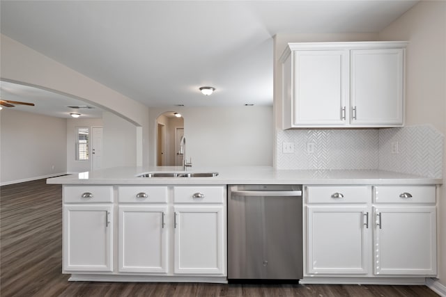 kitchen featuring sink, kitchen peninsula, stainless steel dishwasher, white cabinets, and dark hardwood / wood-style floors