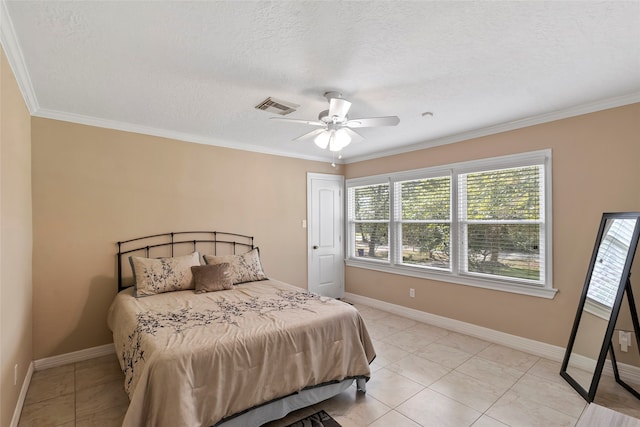 bedroom with crown molding, light tile patterned flooring, a textured ceiling, and ceiling fan