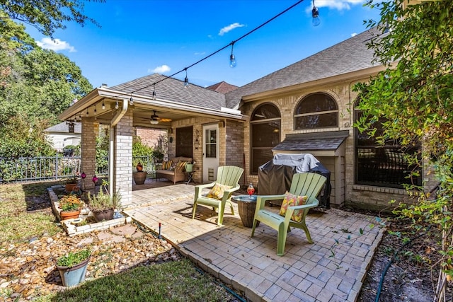 view of patio / terrace featuring ceiling fan and an outdoor hangout area