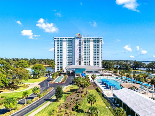 birds eye view of property featuring a water view