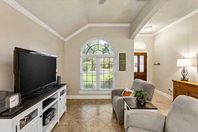 living room featuring light tile patterned flooring, ornamental molding, and vaulted ceiling