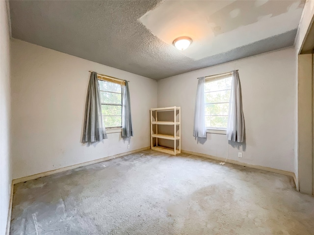 empty room featuring light carpet and a textured ceiling