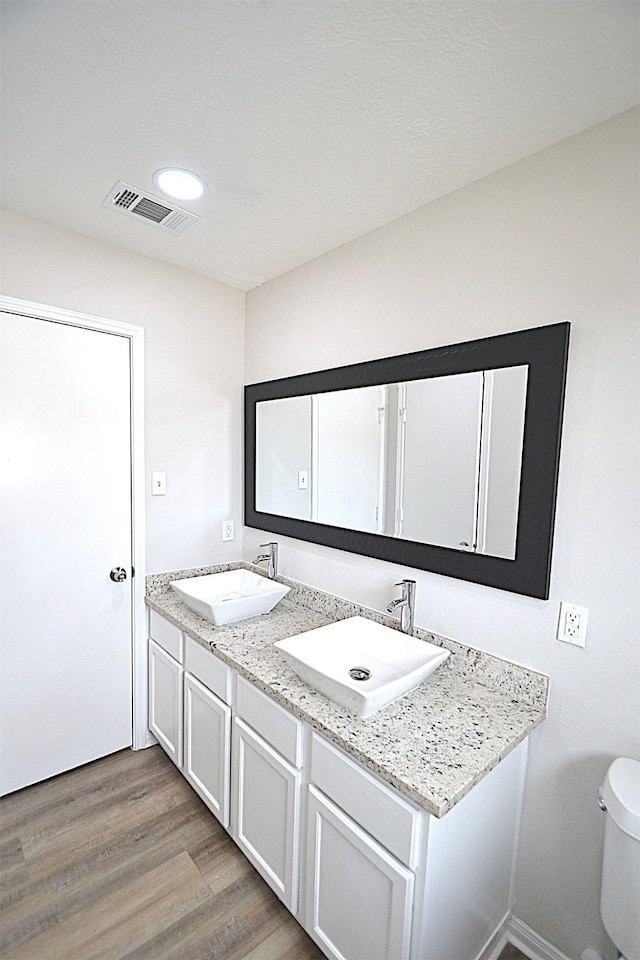 bathroom with vanity, hardwood / wood-style flooring, and toilet