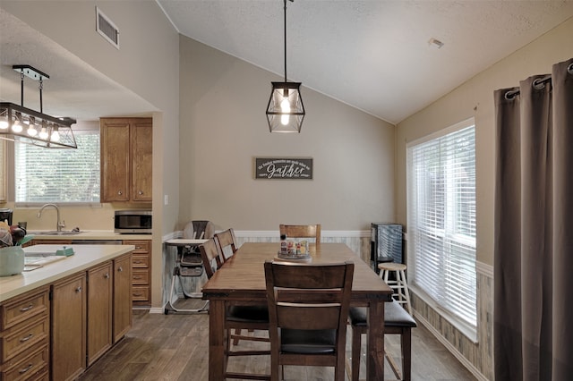 dining area with a textured ceiling, sink, dark hardwood / wood-style floors, and vaulted ceiling