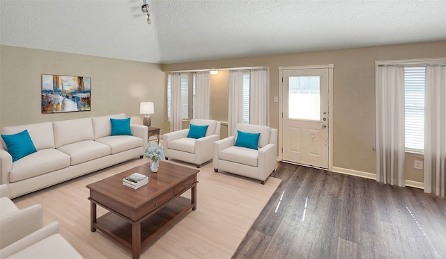 living room with hardwood / wood-style floors, vaulted ceiling, track lighting, and a textured ceiling