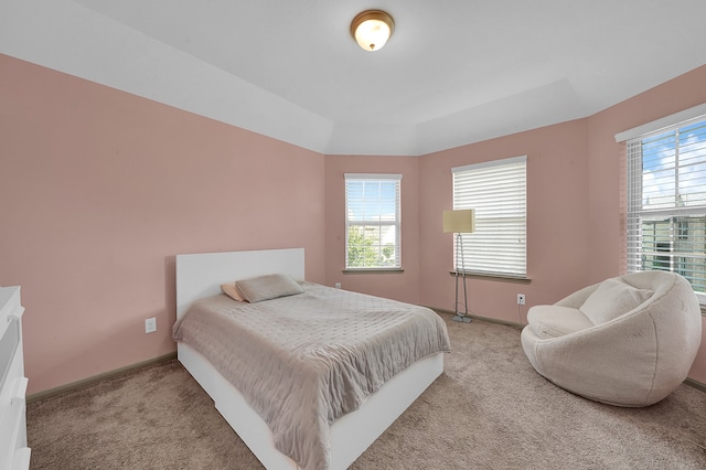 bedroom with light carpet and multiple windows