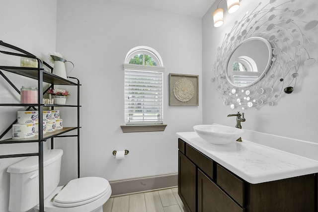 bathroom with toilet, vanity, and wood-type flooring