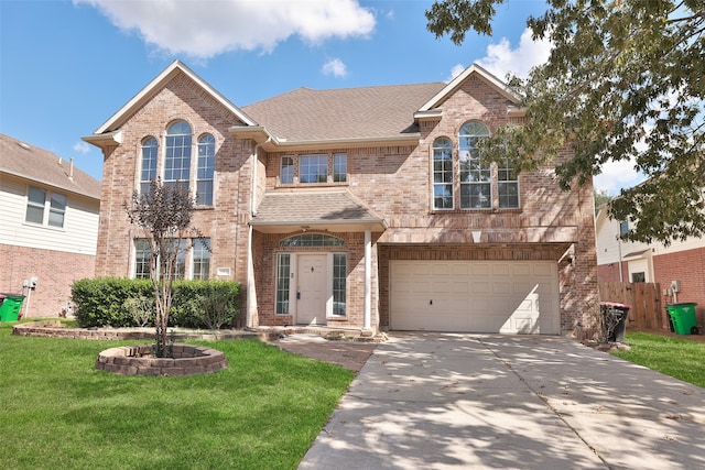 view of property featuring a front lawn and a garage