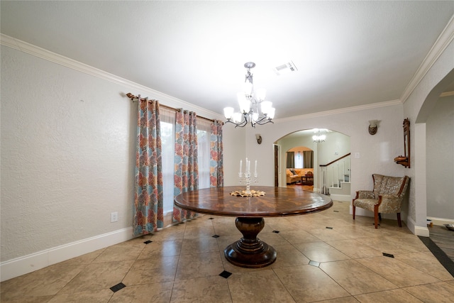 dining area featuring ornamental molding, light tile patterned floors, and an inviting chandelier