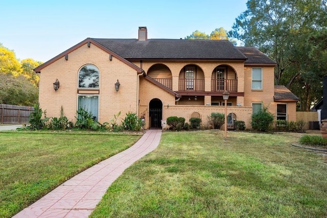 view of front facade with a balcony and a front lawn