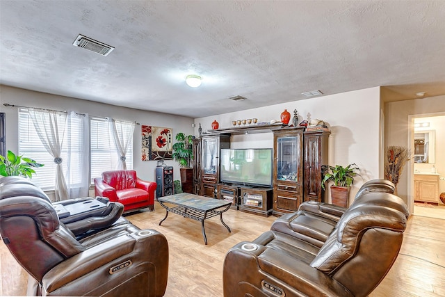 living room featuring a textured ceiling and light hardwood / wood-style flooring