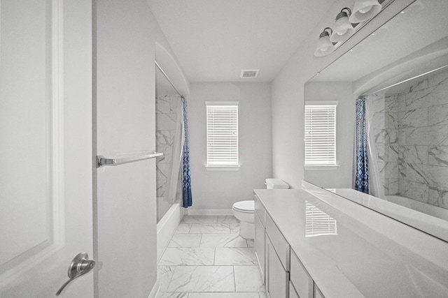 full bathroom featuring vanity, toilet, shower / bath combo, and plenty of natural light