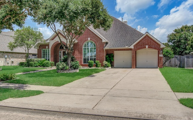 view of front of property with driveway, a shingled roof, an attached garage, a front yard, and brick siding