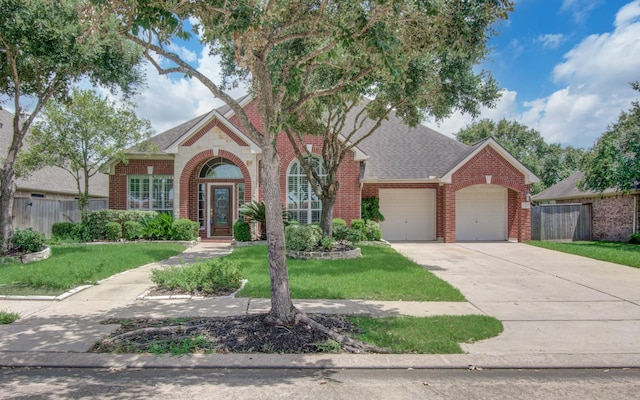 view of front of home featuring brick siding, a front lawn, and fence