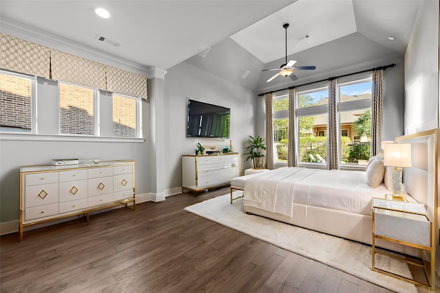 bedroom featuring dark wood-type flooring, vaulted ceiling, and ceiling fan