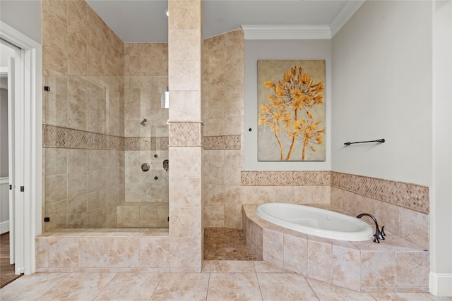 bathroom with ornamental molding, shower with separate bathtub, and tile walls