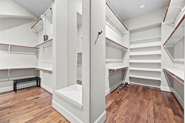 spacious closet with dark hardwood / wood-style floors