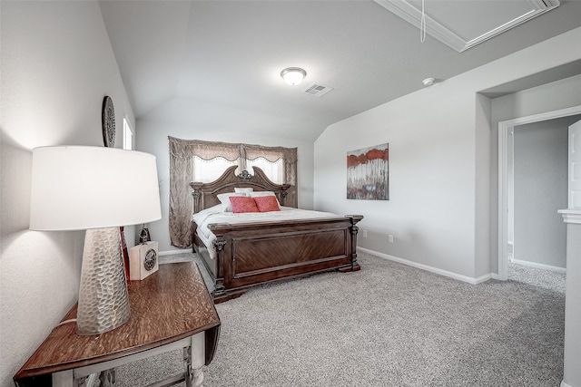 bedroom with carpet and lofted ceiling