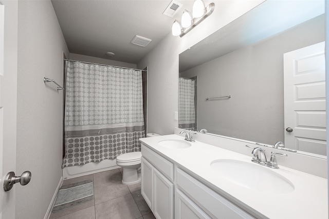 full bathroom with toilet, shower / bathtub combination with curtain, vanity, and tile patterned floors