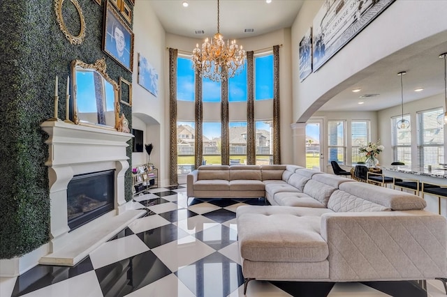 living room featuring a chandelier